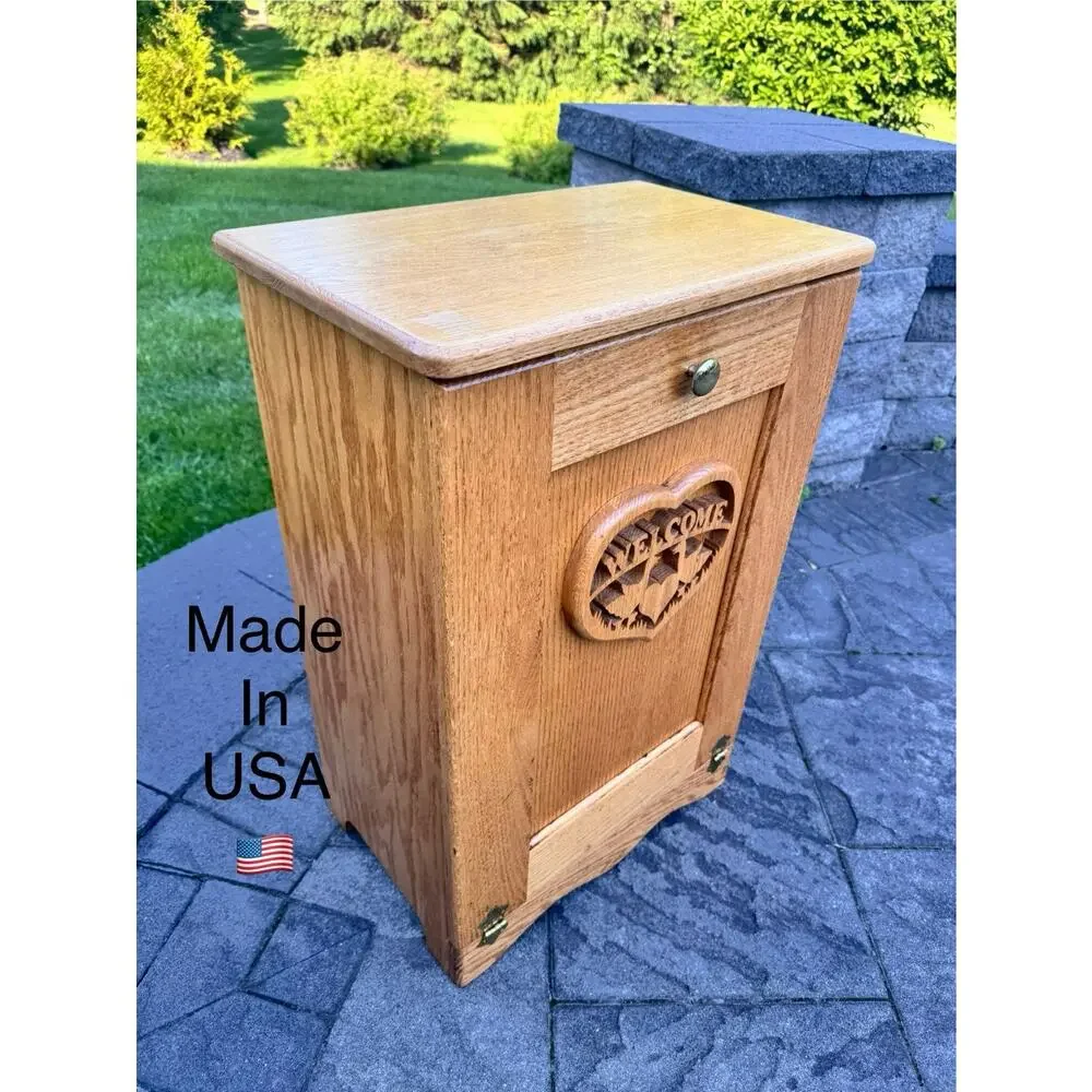 VTG Large Solid Oak Wood Hand Carved Laundry Hamper /Waste Bin H30.5xW20xD12.5”